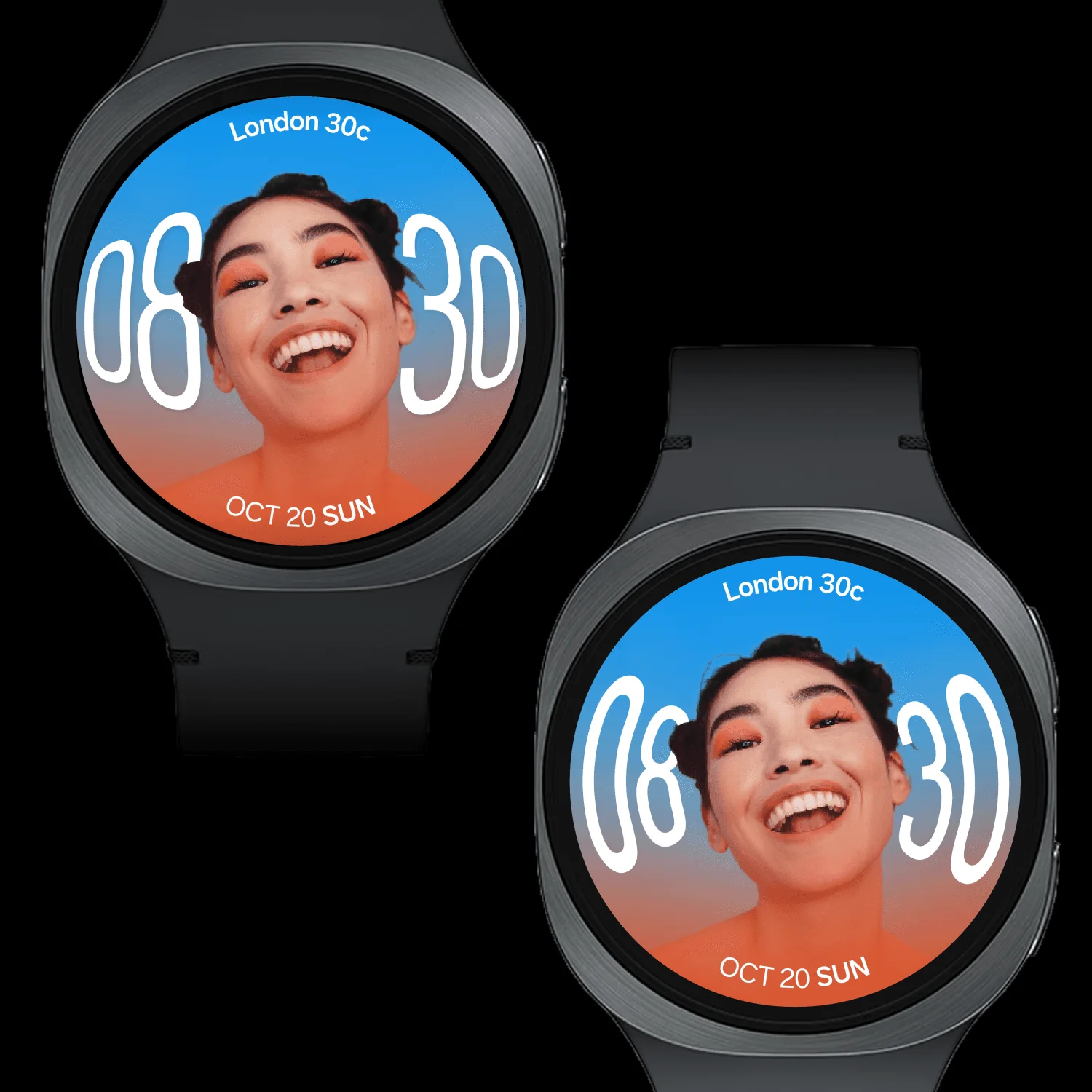 Two Galaxy Watches showing the Fish Eye photo watch face