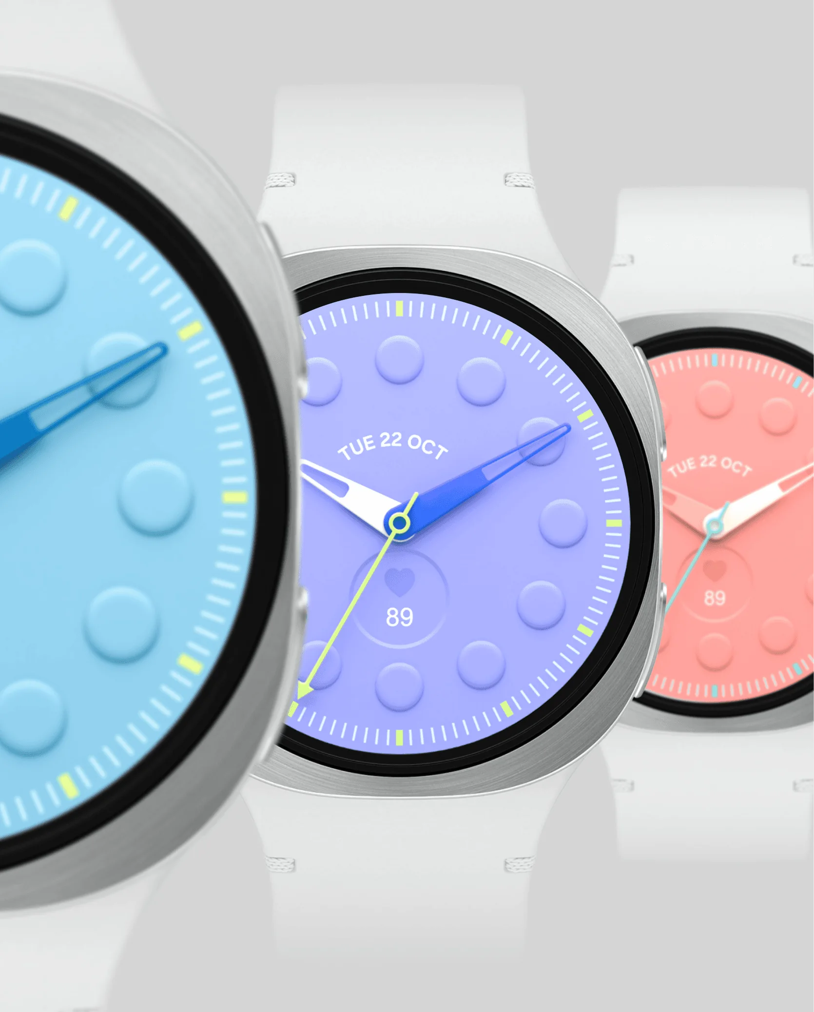 Pop Analogue watch faces in blue, violet and coral