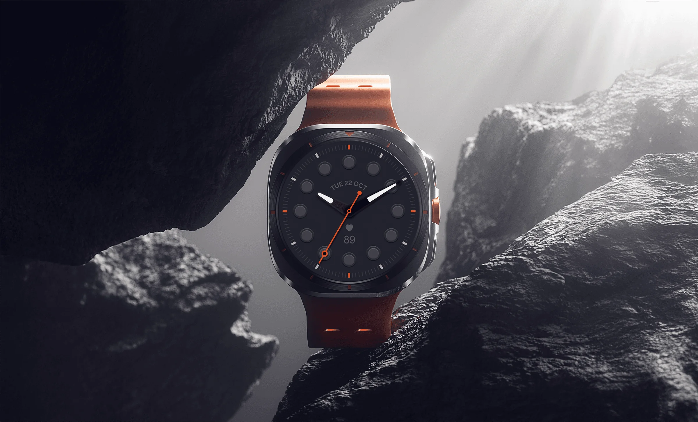 Pop Analogue on a rugged Galaxy Watch among dark rocks