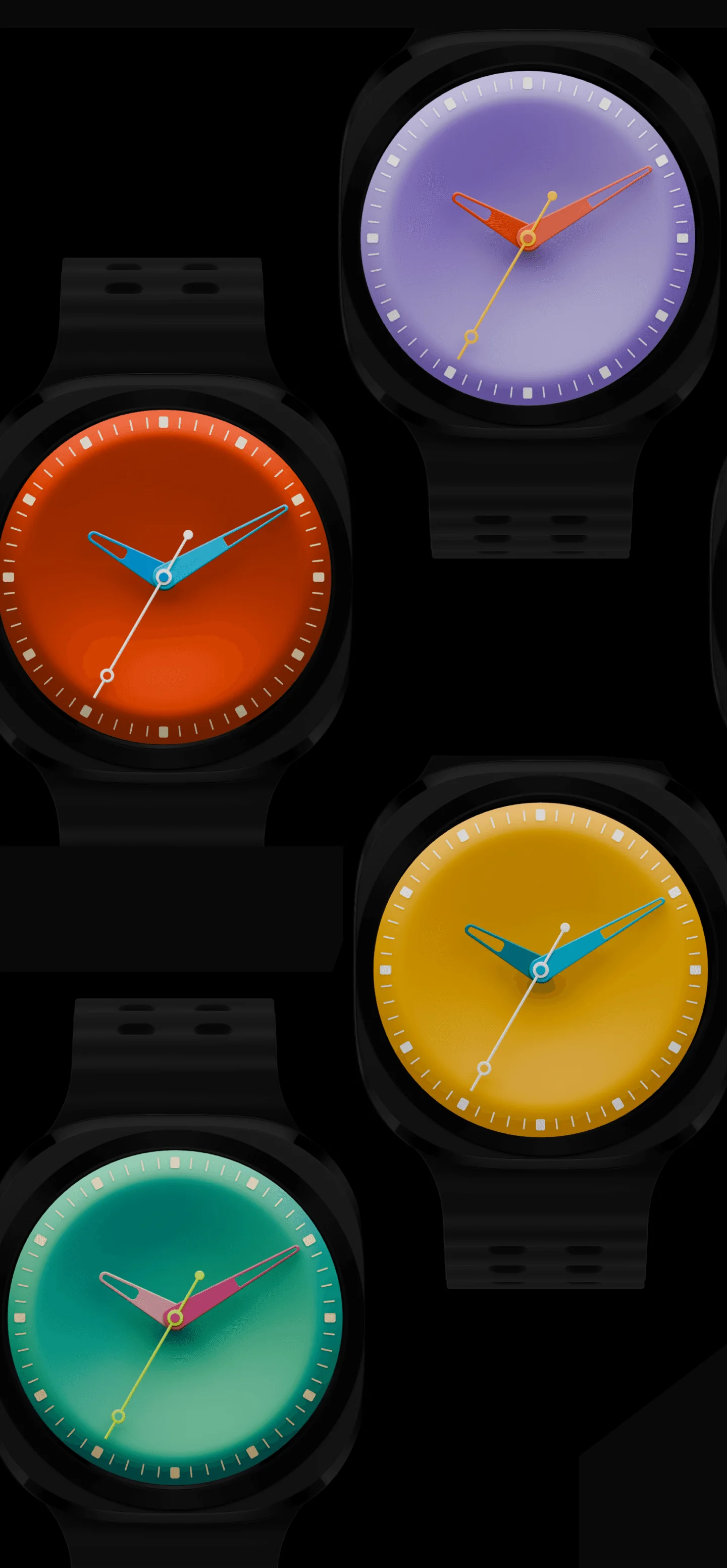 Pop Demure colour variants: violet, orange, yellow and teal