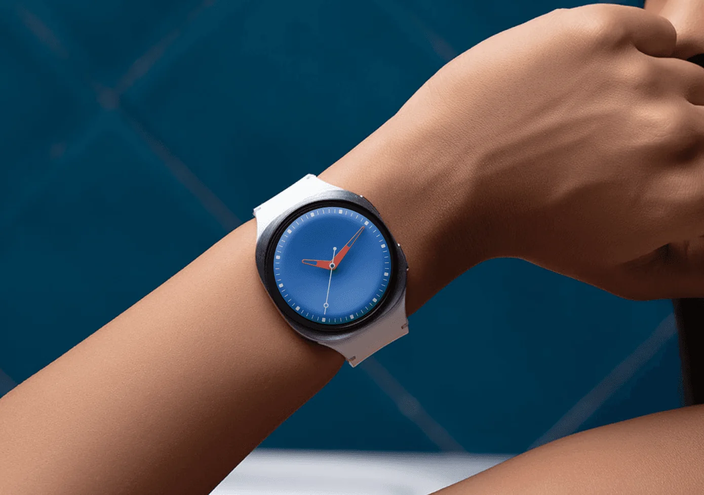 Pop Demure watch face in blue on a wrist