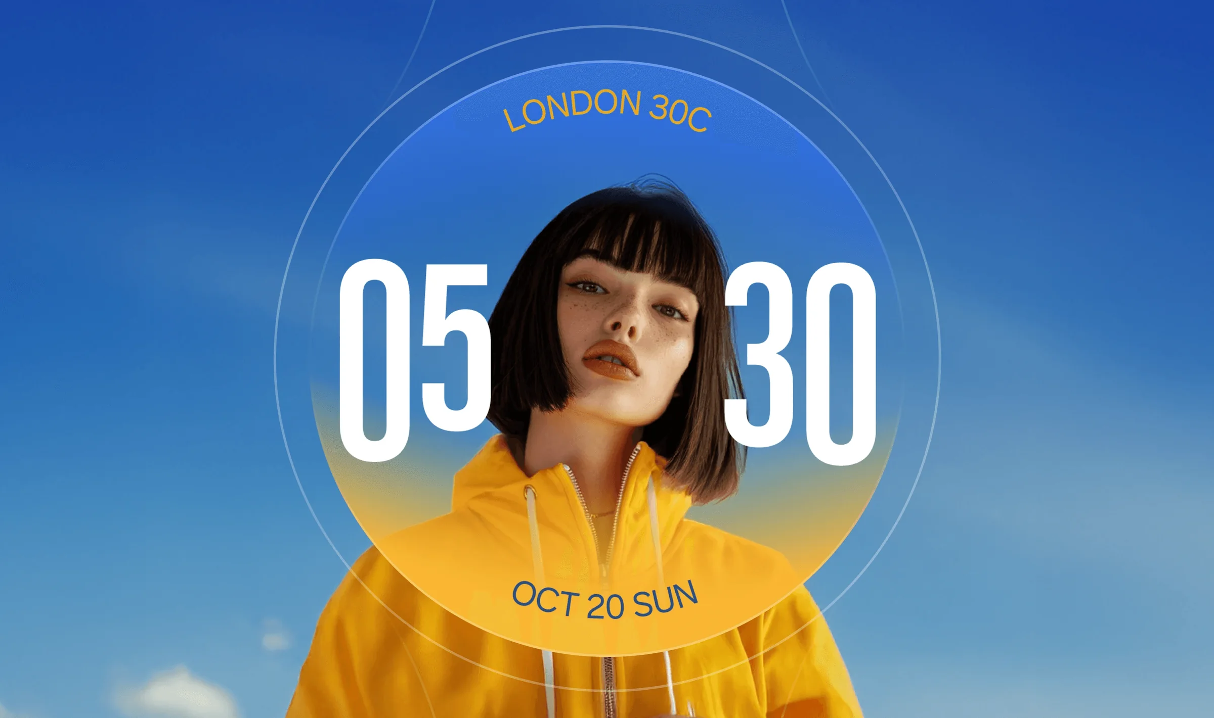 Simple Photo watch face: a portrait composed with the time 05:30, London 30°C, Oct 20 Sun
