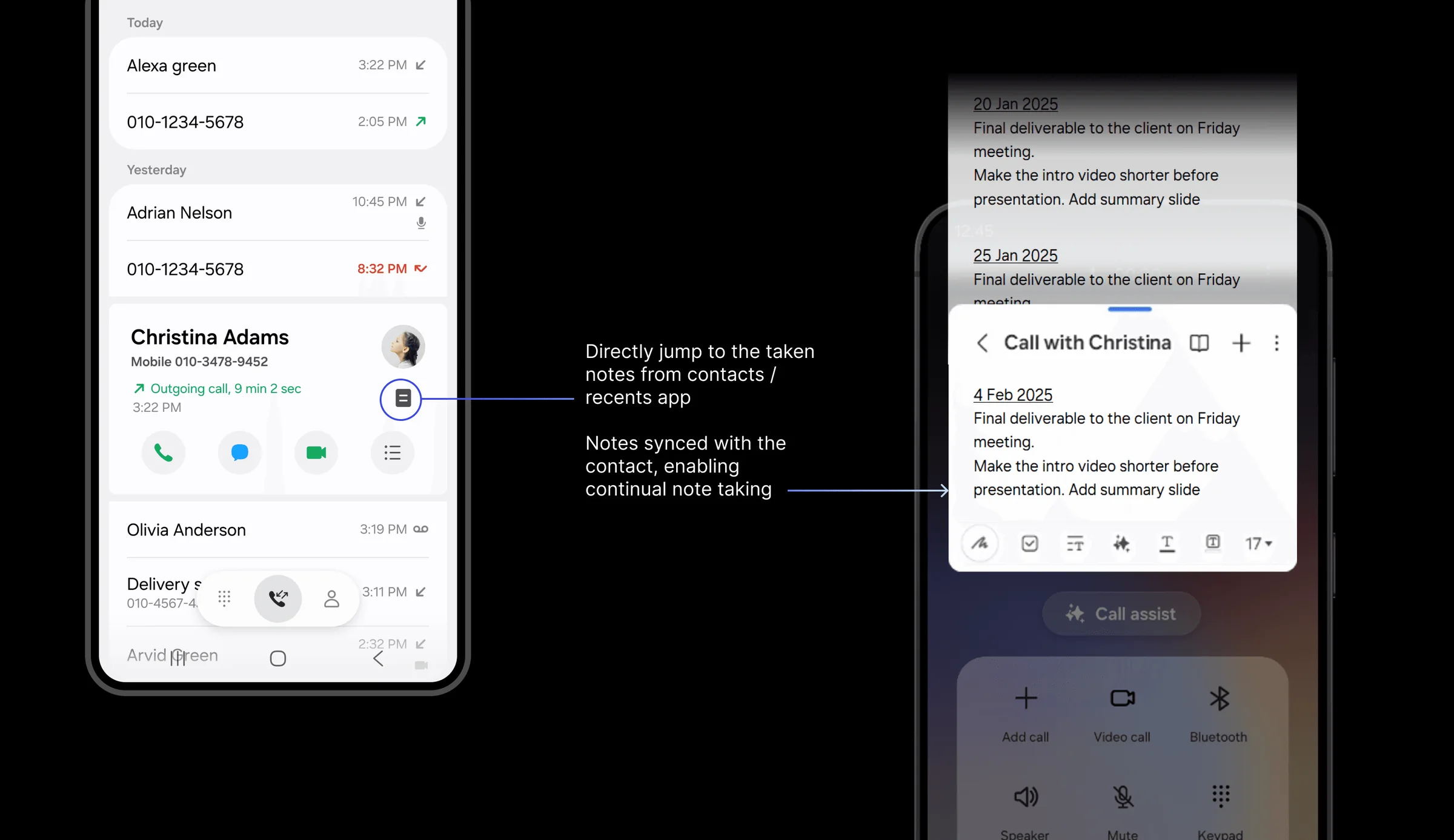 Notes linked to a contact, opened from Contacts and Recents