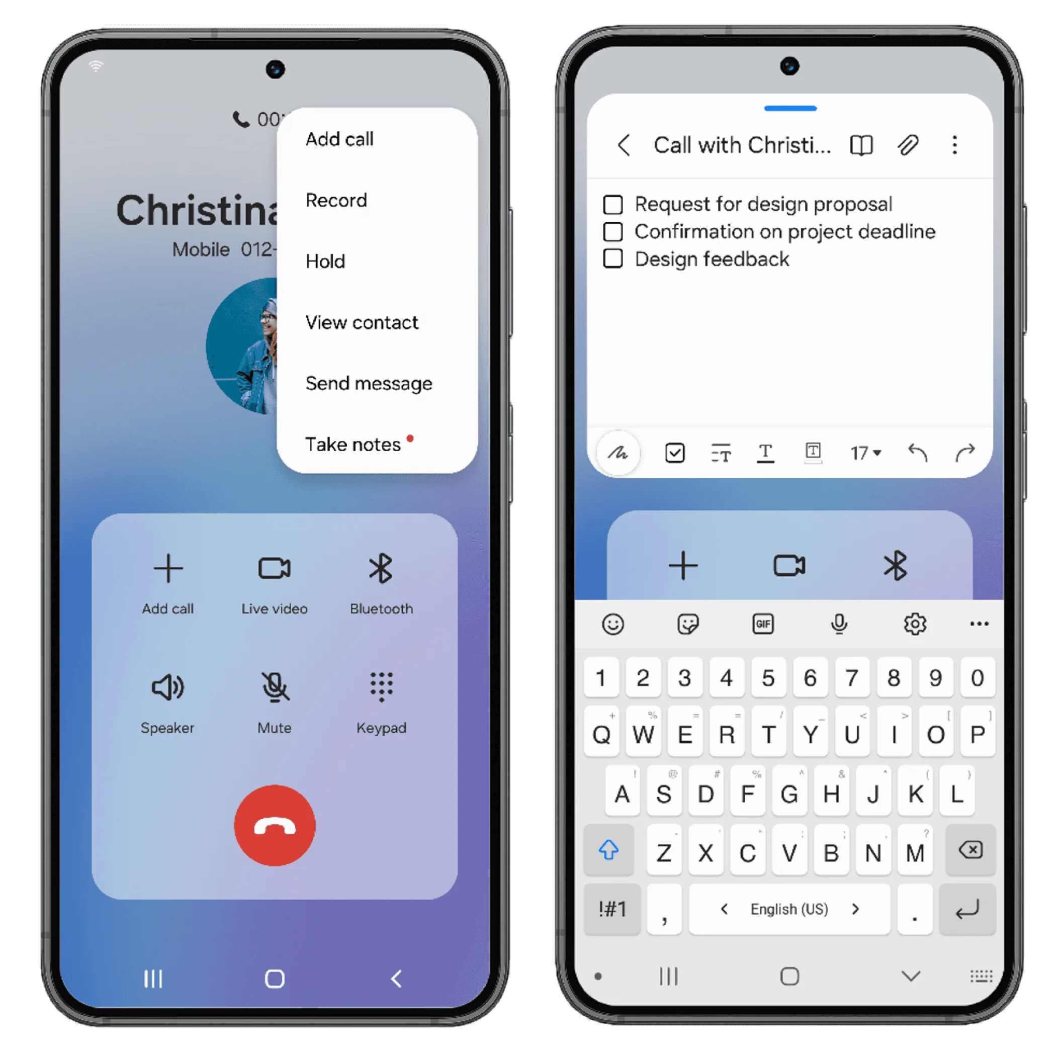 The in-call menu’s “Take notes” option opens Samsung Notes as a floating window over the call screen