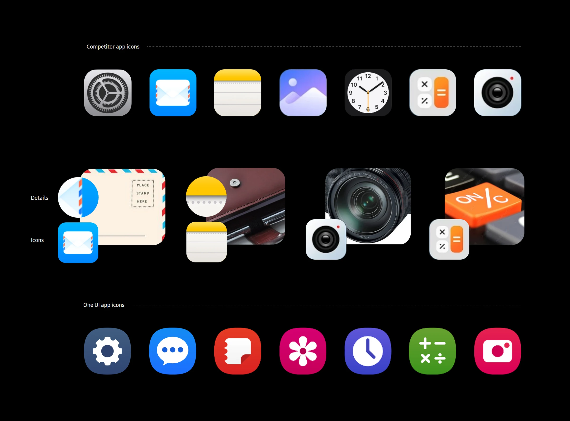 Competitor icons drawing on real objects, such as an airmail envelope, a leather notebook, a camera lens and a calculator key, compared with flat One UI icons