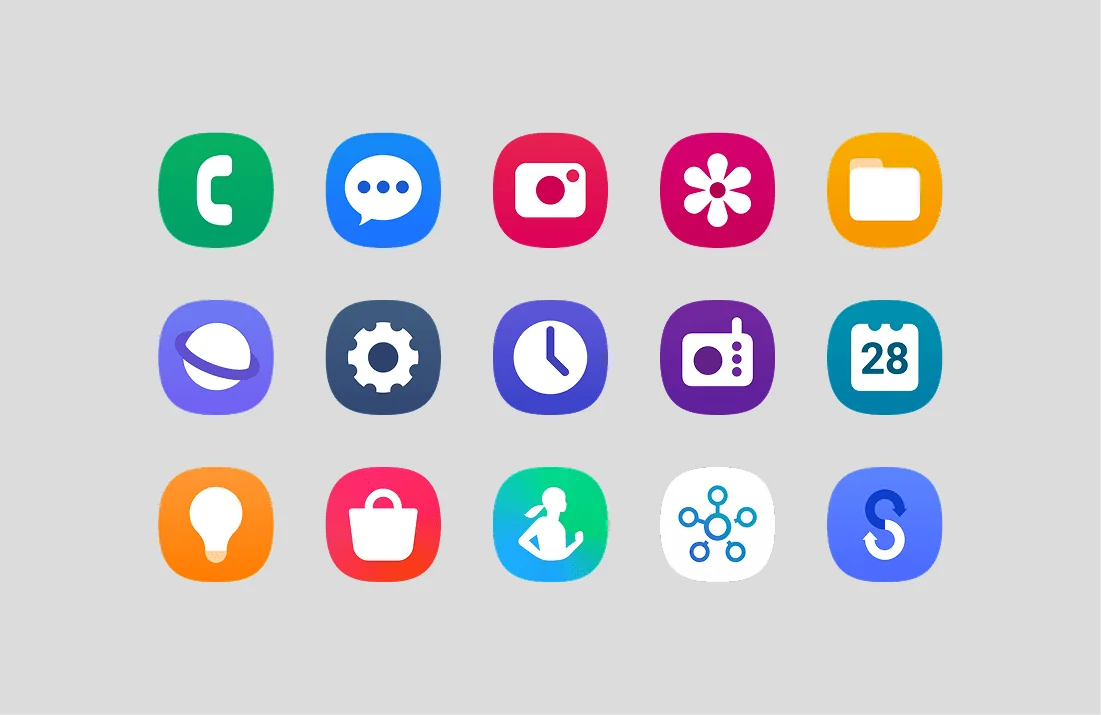 One UI 6 icons: bright squircles with flat white symbols
