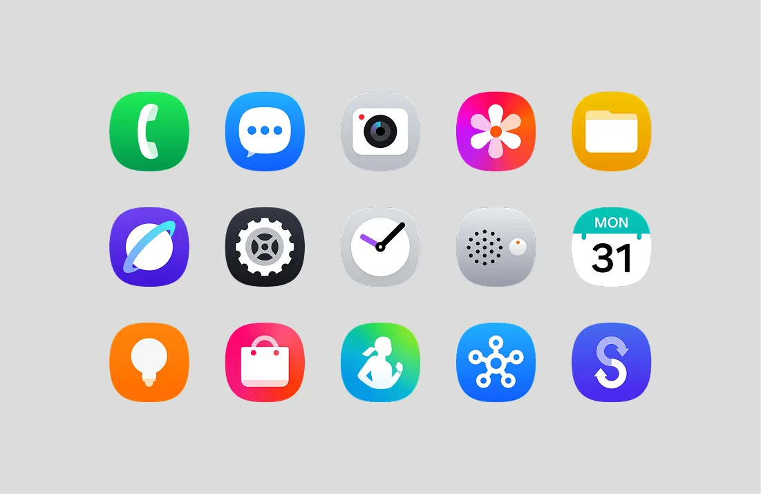 One UI 7 icons: more dimensional metaphors such as a real camera, clock face and calendar page