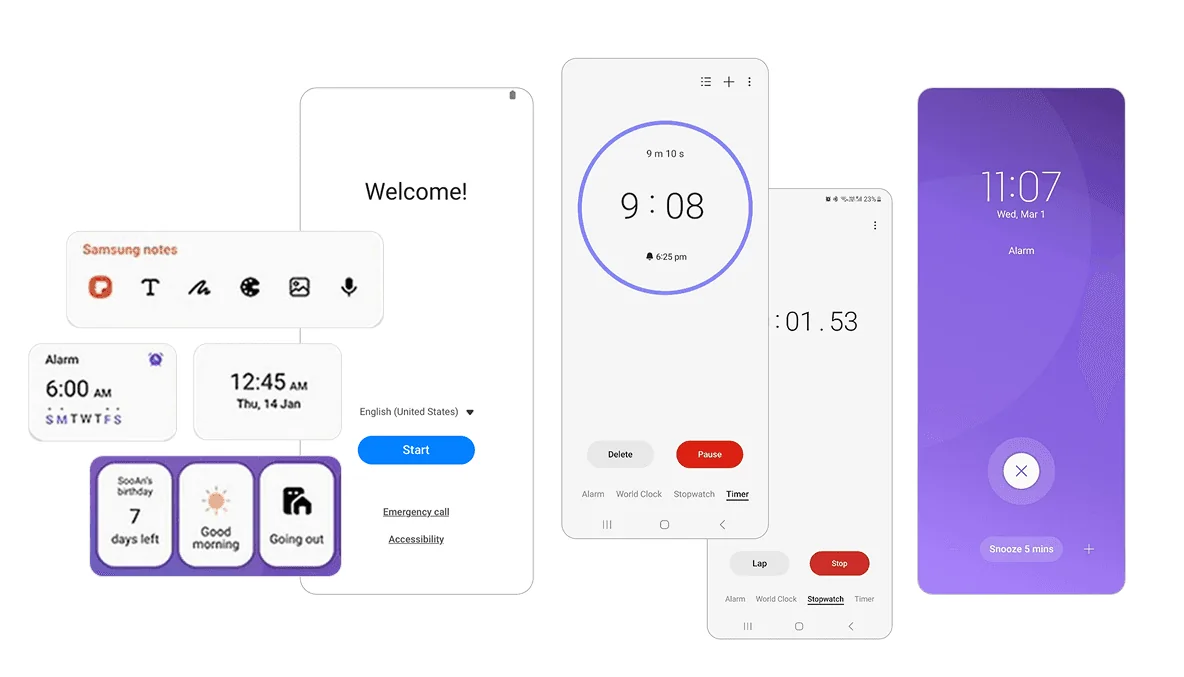 Current One UI widgets and screens: Samsung Notes, alarm, clock, stopwatch and welcome screen