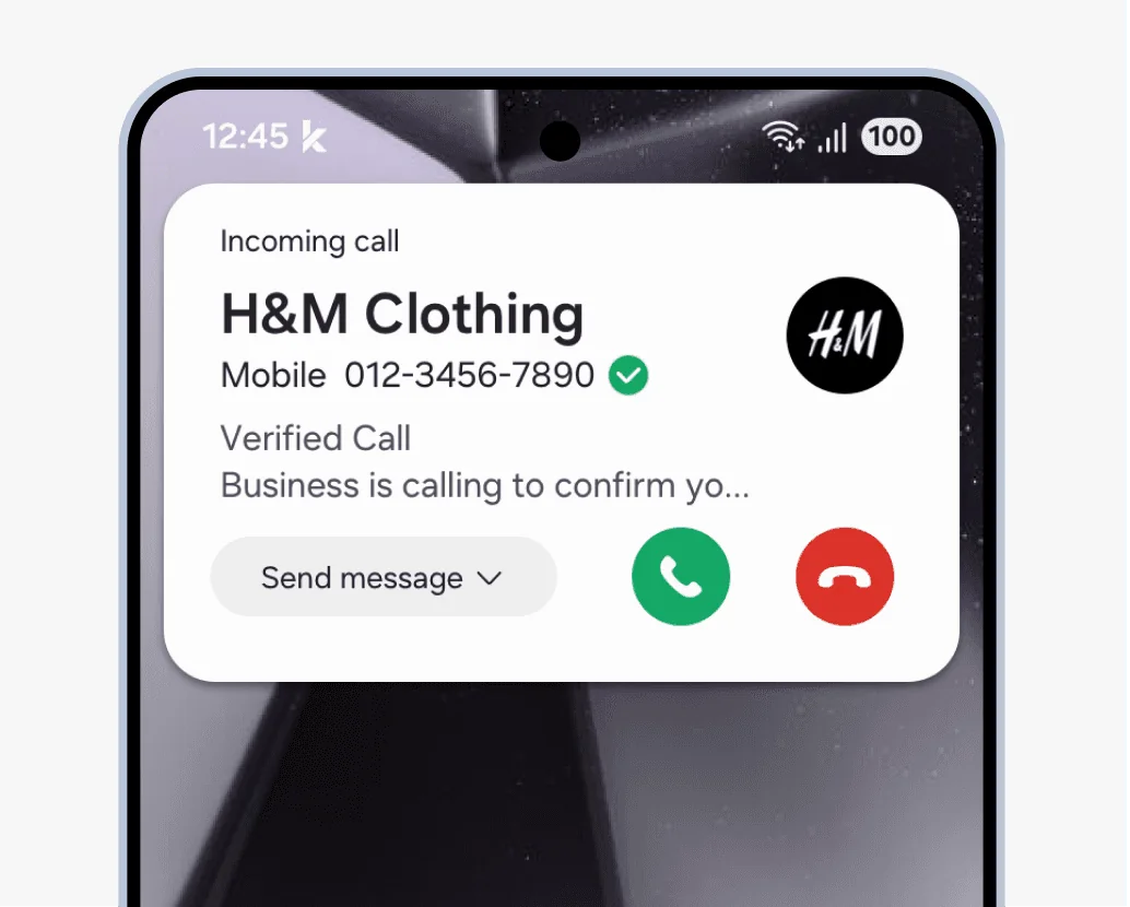 Incoming verified business call from H&M Clothing, showing the reason for the call