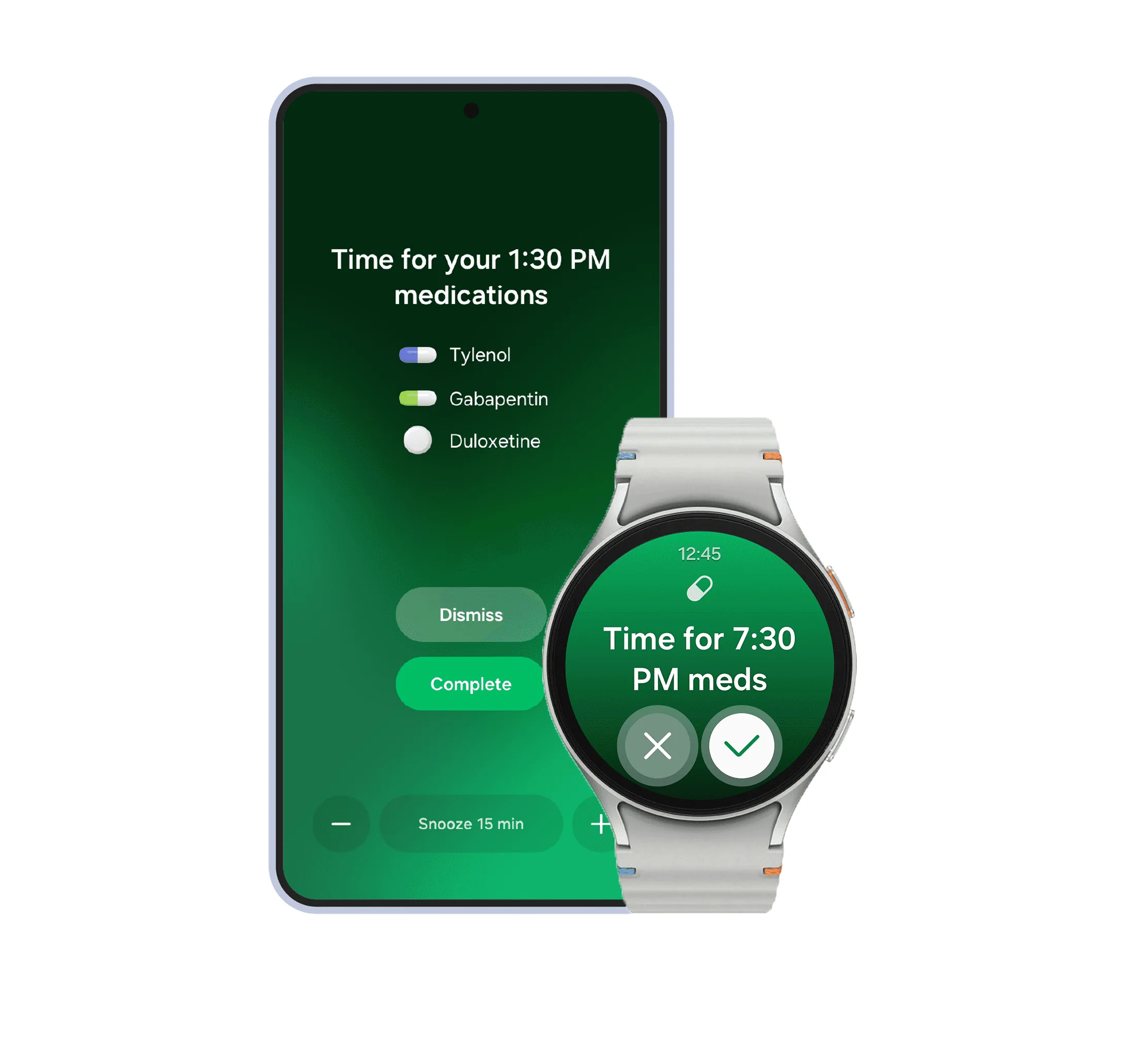 Medication reminder on a Galaxy phone and Galaxy Watch: “Time for your 1:30 PM medications”