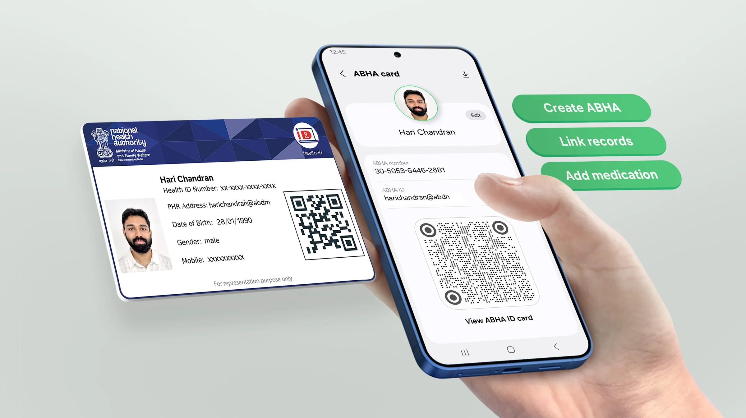 ABHA health ID card on a Galaxy phone with Create ABHA, Link records and Add medication actions