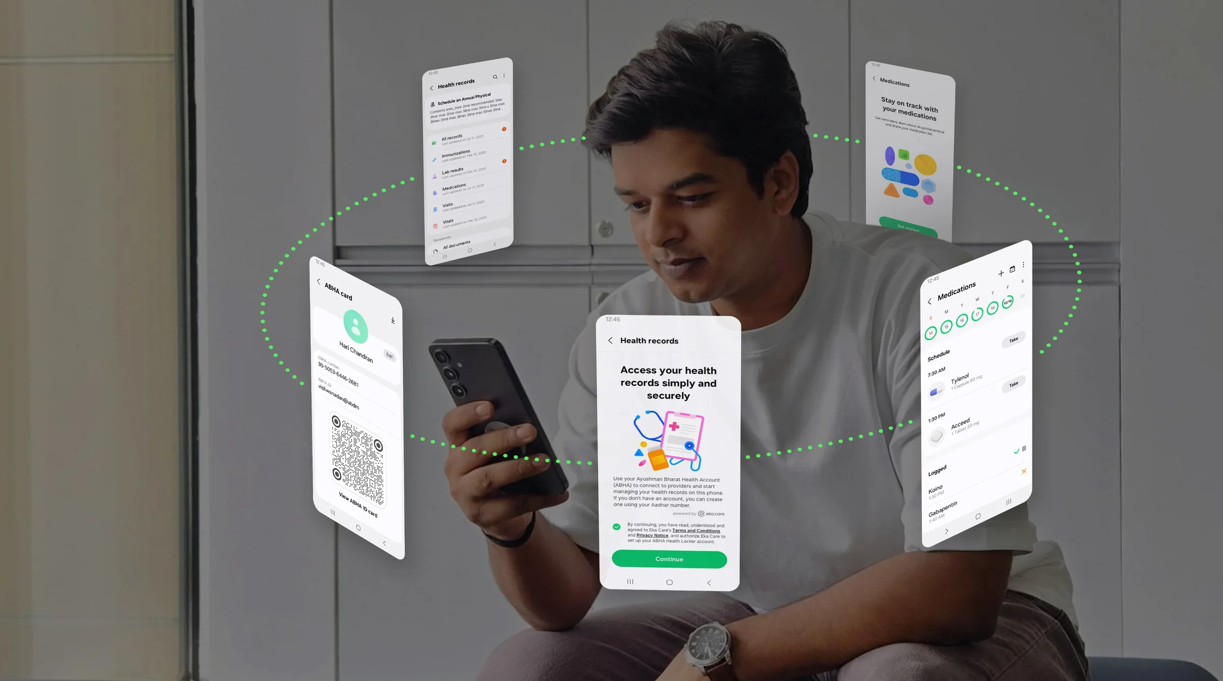 A user surrounded by Samsung Health screens: health records, medications and ABHA card