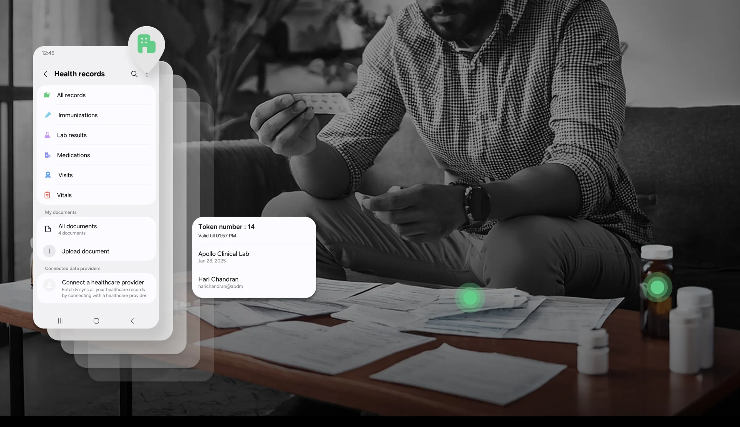 Health records screens layered over a person sorting prescriptions and medicines at home