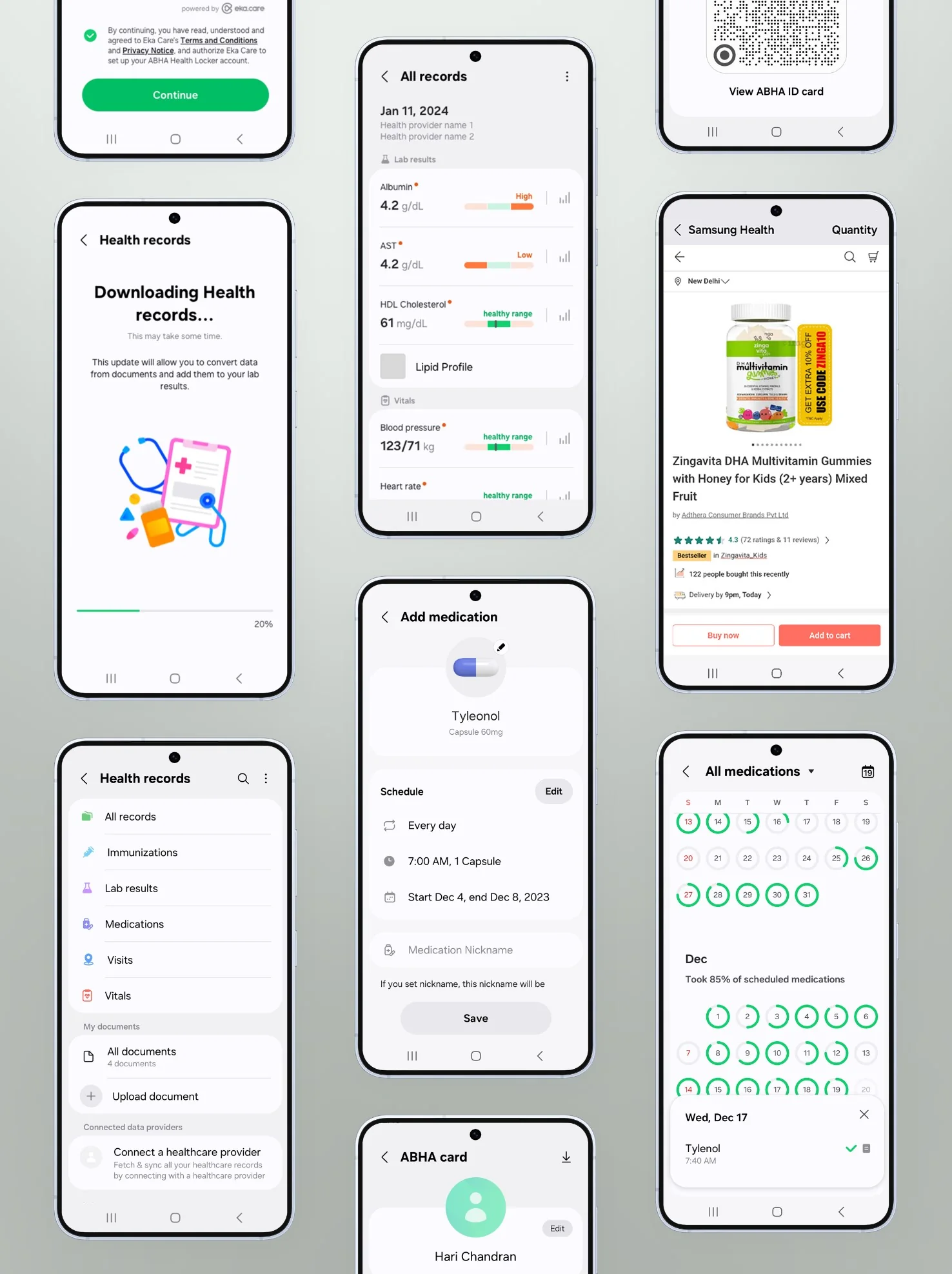 Overview of Samsung Health India screens: health records download, medications, ABHA card and purchase